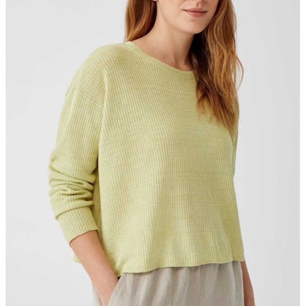 Eileen Fisher‎ Green Cropped 100% Organic Linen Sweater XL Boxy Lightweight